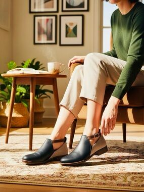 Naot Two-Tone Leather Flats in Navy and Tan